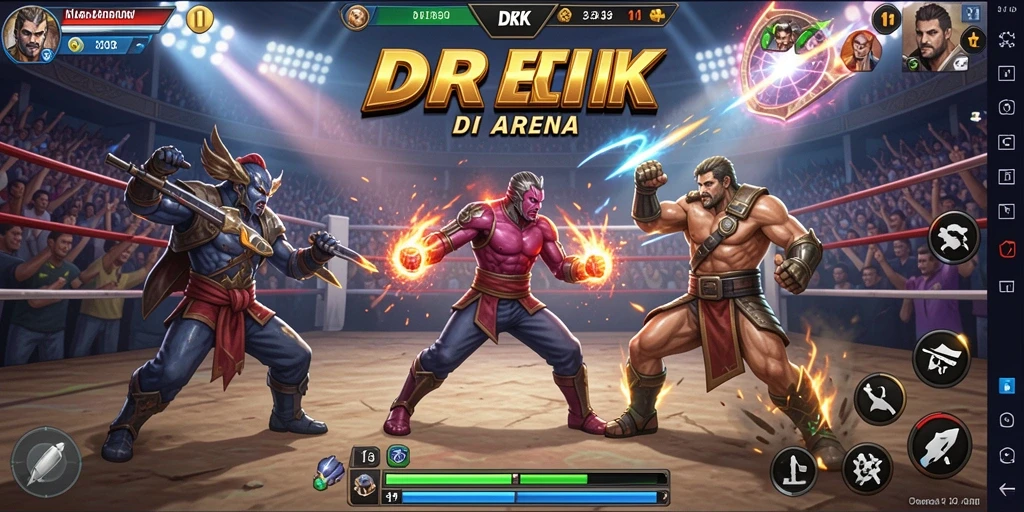 Tampilan seru pertarungan karakter dalam DKK di arena yang memukau.