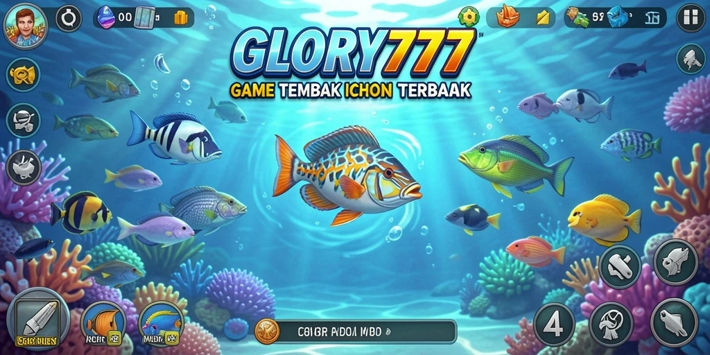 Screenshot gameplay GLORY777 menampilkan aksi tembak ikan yang mendebarkan.