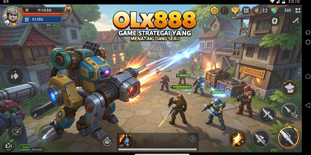 Screenshot utama OLX888 menampilkan aksi pertempuran strategi yang mendebarkan.