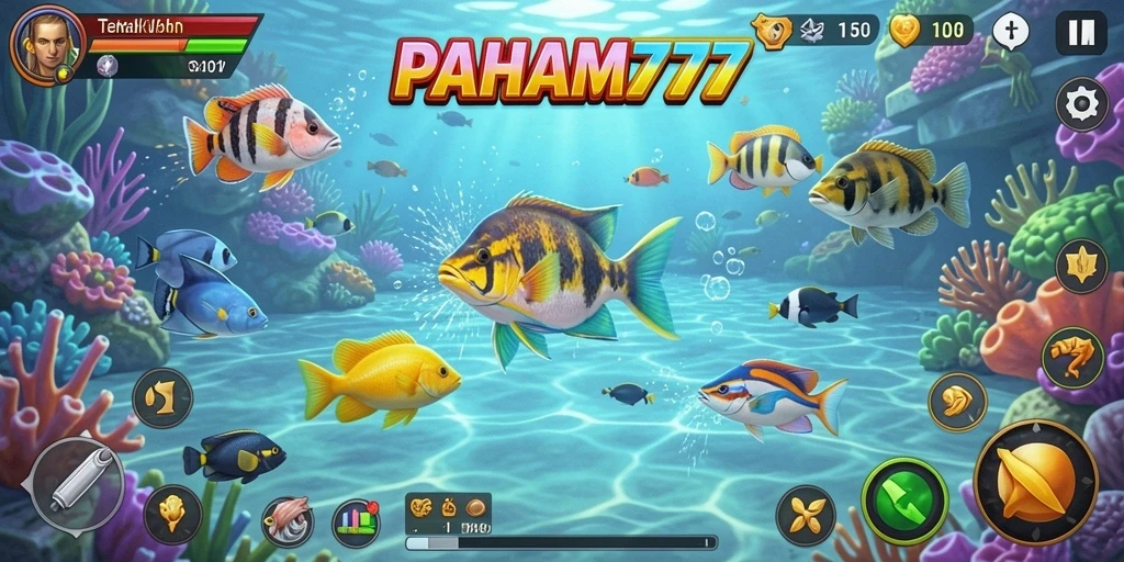 Tampilan gameplay PAHAM777 yang menampilkan aksi menangkap ikan.